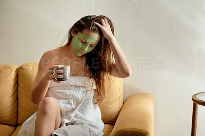 Buy stock photo Face mask, coffee and woman with skincare cream for skin detox, cosmetics hydration or beauty routine. Cosmetology, spa salon and relax person with luxury facial treatment, self care or home wellness