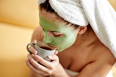 Buy stock photo Face mask, drinking coffee or woman with skincare cream for skin detox, cosmetics hydration or beauty routine. Tea, spa salon or relax person with luxury facial treatment, healthcare or home wellness