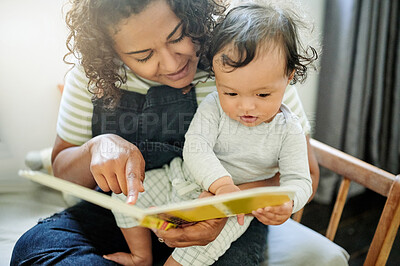 Buy stock photo Family, child development and a woman reading to her baby in the bedroom of their home together. Children, babies and a mother storytelling to her adorable toddler while bonding in their house