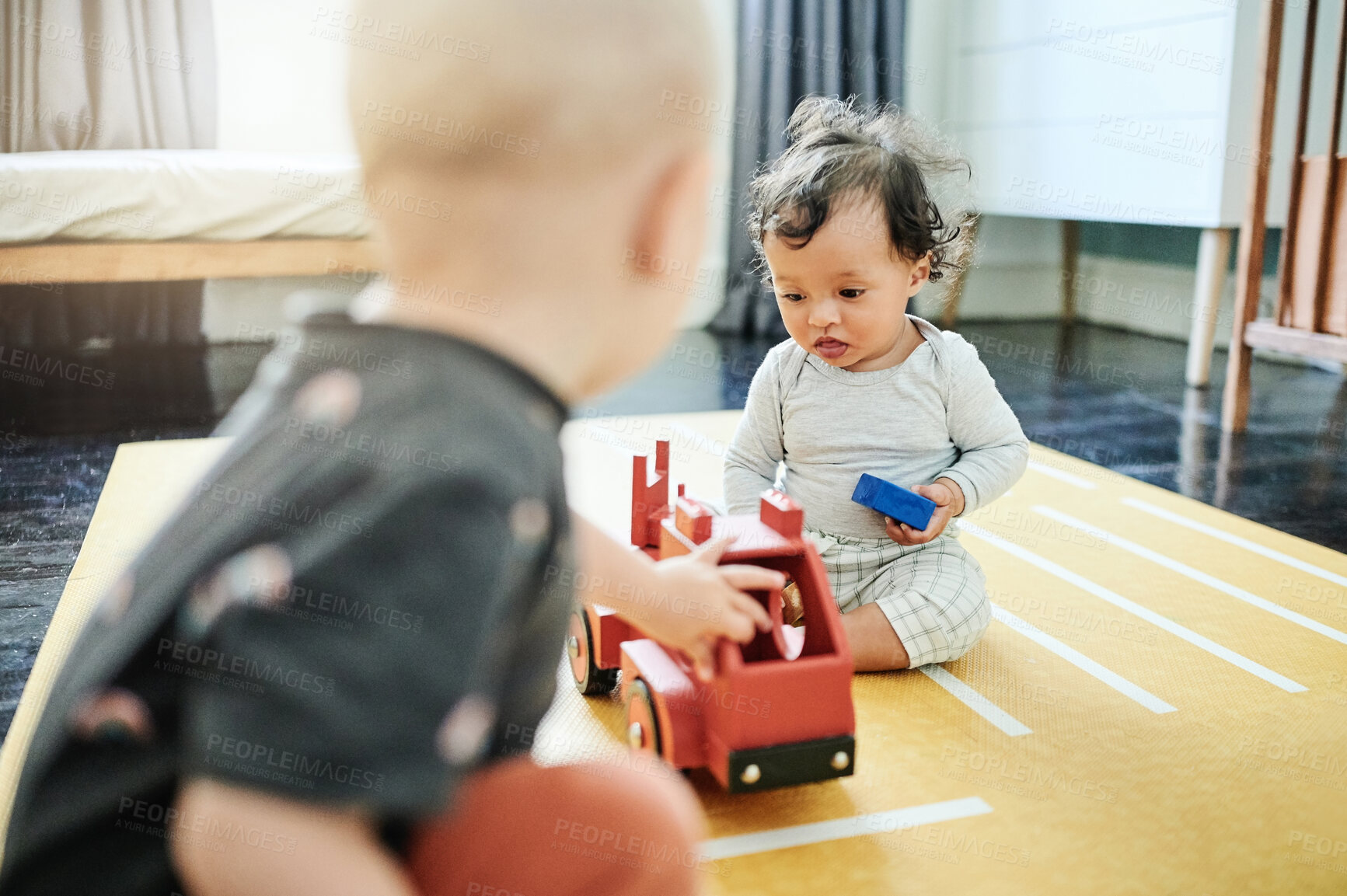 Buy stock photo Baby, nursery and children play with toys for bonding, quality time and child development at home. Friendship, siblings and kids relax with toy truck, building blocks and playing together in bedroom