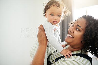 Buy stock photo Love, happy and mother with her baby in his nursery playing, bonding and spending quality time. Maternal, happiness and young woman holding her infant boy child with a smile in bedroom at their home.
