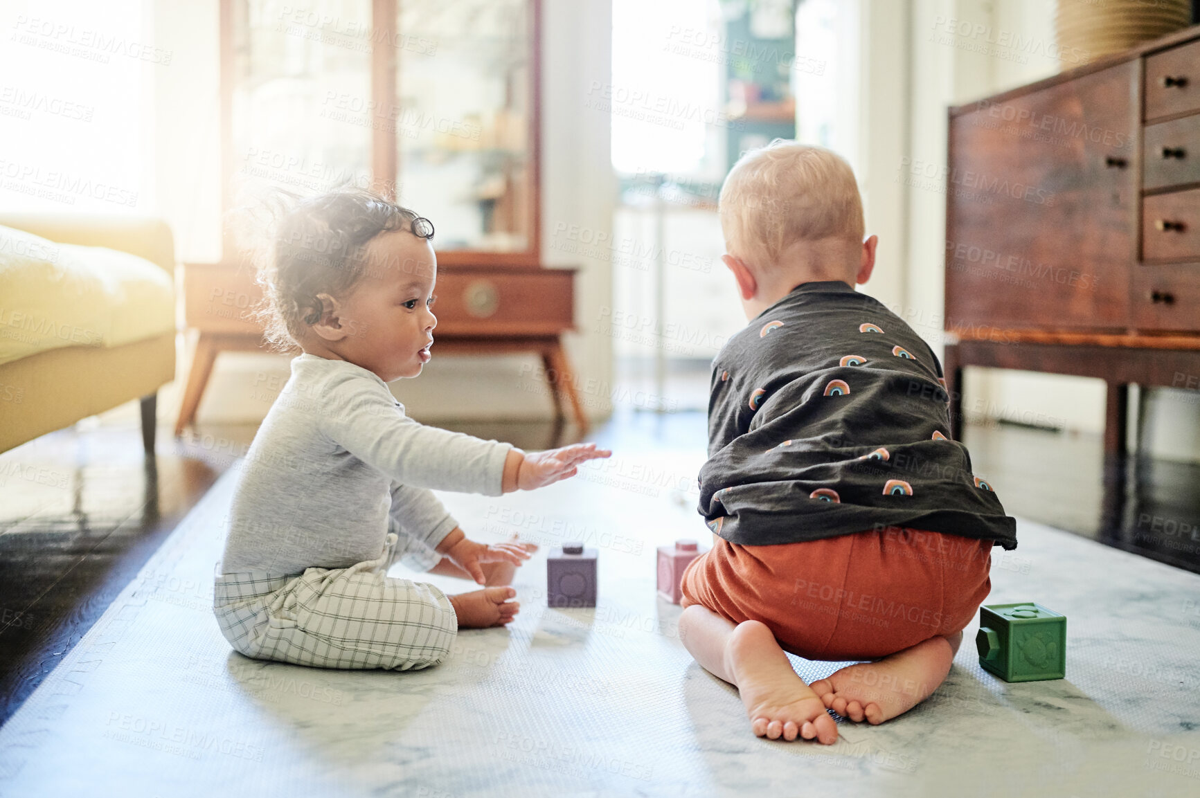 Buy stock photo Baby floor play, sibling and kid toys for mobility development and learning together in a bedroom. Nursery, toy brick and cute children curious about building blocks game and activity in a house