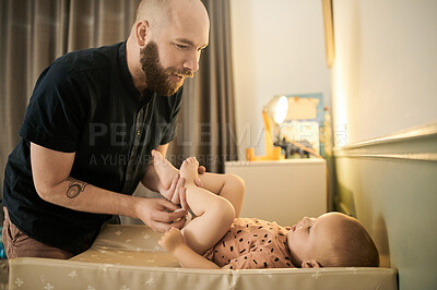 Buy stock photo Baby, hygiene and a father changing a diaper in the nursery of his home as a single parent of a child. Family, kids and a man with his cute infant to change a nappy for cleaning or care in a house