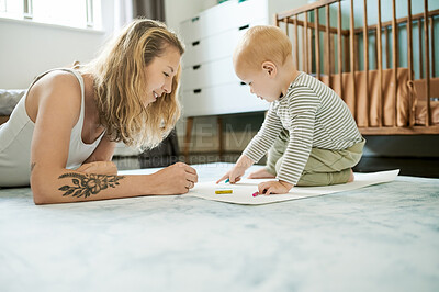Buy stock photo Mom, baby and learning drawing on paper in home, bonding and coloring. Education, art and happy mother teaching child for creative development, growth and homeschool, homework and care in house.