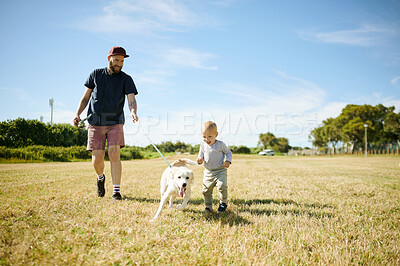 Buy stock photo Happy, field and baby with dog and father for playing, having fun and adventure in countryside. Childhood, family pet and happy boy and dad outdoors for games on holiday, summer vacation and weekend