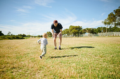 Buy stock photo Park, happy and baby play with father in field for bonding, quality time and adventure in countryside. Family, love and boy with dad relax outdoors on holiday, summer vacation and weekend in nature