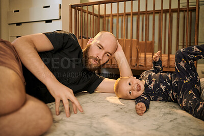 Buy stock photo Family, kids and a man playing with his baby son in the bedroom using a hand puppet for bonding. Children, love and a young father having fun together with his infant child on the floor of their home