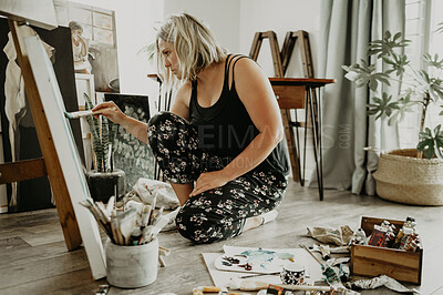 Buy stock photo Art, creativity and paint, woman in home studio with brush, canvas and inspiration with colors in apartment. Oil painting tools, talent and professional artist with vision, freedom and creative work.