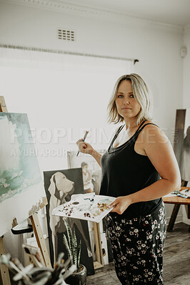 Buy stock photo Canvas, painting and portrait of woman with easel for creative hobby, artistic creation and illustration. Art, painter and female person with paintbrush for watercolor drawing in studio workshop