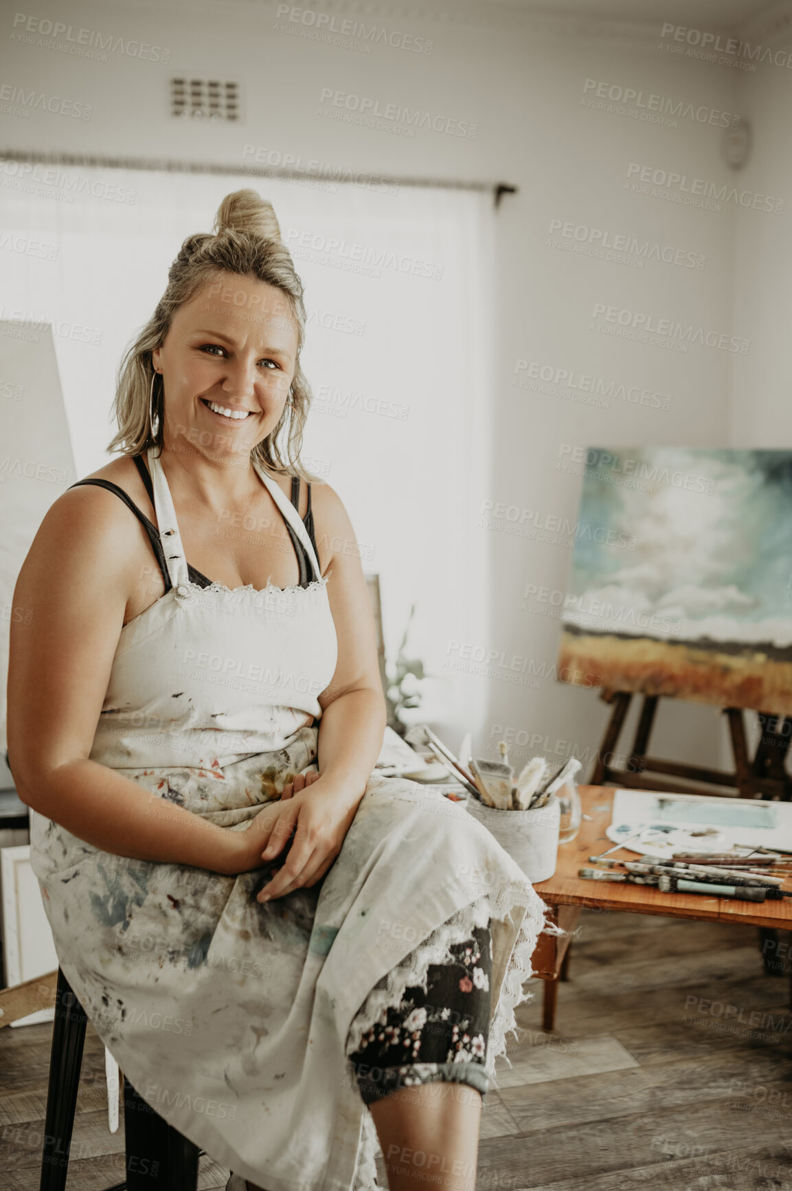 Buy stock photo Art, studio portrait and happy woman, workshop designer or person smile for painting sketch, artwork or design. Gallery exhibition, hobby and relax artist, painter or creative girl sitting at home