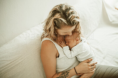 Buy stock photo Mother, baby nap and living room in a home with parent care, love and hug on a sofa. Sleeping, mama and newborn child in a family house with mom and young kid together with youth on a lounge couch