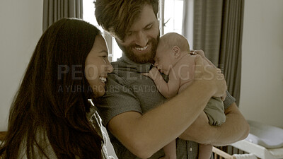 Buy stock photo Mother, hug or father with baby in a happy family for care, love or bond together to nurture child development. Smile, newborn or dad with infant or mom for support, trust or comfort in home to relax