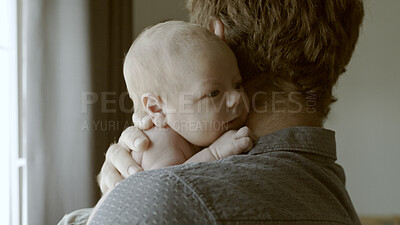 Buy stock photo Love, hug or father with newborn or baby in home for care or bonding together to nurture child development. Relax, face or single parent dad with infant for support, trust or safety in family house