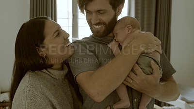 Buy stock photo Laughing, mom or dad with baby in a happy family to relax or bond together for child development. Love, hug or proud father with an excited mother or newborn infant for support or trust in home