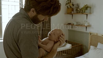 Buy stock photo Parent, newborn and dad with baby as love, care or bonding in a home as affection together. Sleeping, support and father relax in bedroom with kid as family in house for childcare and comfort