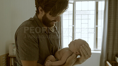 Buy stock photo Parent, newborn and father with child as care, love or bonding in a home as affection together. Sleeping, support and dad relax in bedroom with baby as family in house for childcare and comfort