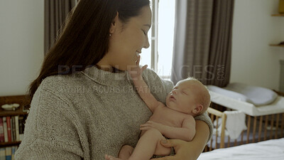 Buy stock photo Happy, newborn and mother with baby as love, care or bonding in a home as affection together. Sleeping, support and mom relax in bedroom with kid as family in house for childcare and comfort