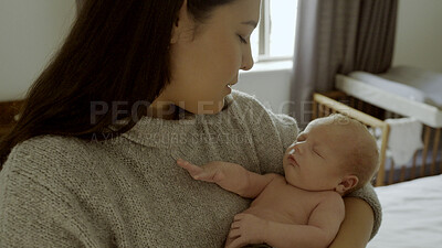Buy stock photo Parent, newborn and mother with baby as love, care or bonding in a home as affection together. Sleeping, support and mom relax in bedroom with kid as family in house for childcare and comfort