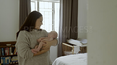 Buy stock photo Parent, newborn and mother with baby as care, love or bonding in a home as affection together. Sleeping, support and mom relax in bedroom with kid as family in house for childcare and comfort