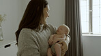 Smile, bonding and mom holding her baby in the nursery room of a modern family house. Happy, care and young mother with her cute sleeping infant, newborn or child in the bedroom of home or apartment.