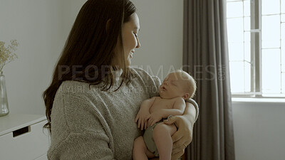 Buy stock photo Smile, bonding and mom holding her baby in the nursery room of a modern family house. Happy, care and young mother with her cute sleeping infant, newborn or child in the bedroom of home or apartment.