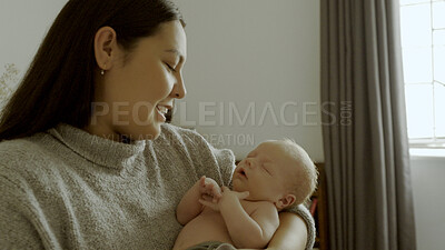Buy stock photo Sleeping, smile and mom holding her baby in the bedroom of the modern family house together. Happy, care and young mother bonding with her infant, newborn or child with happiness in bedroom at home.