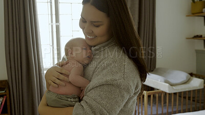 Buy stock photo Smile, sleeping and mother holding her newborn in a modern nursery room at family home. Happy, care and young mom with her infant, baby or child for a nap with love in bedroom of house or apartment.