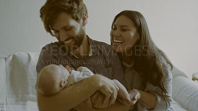 Buy stock photo Excited, mom or dad with a newborn in a happy family to relax or bond together for child development. Smile, house or proud father laughing with a mother or baby infant for love, safety or trust 