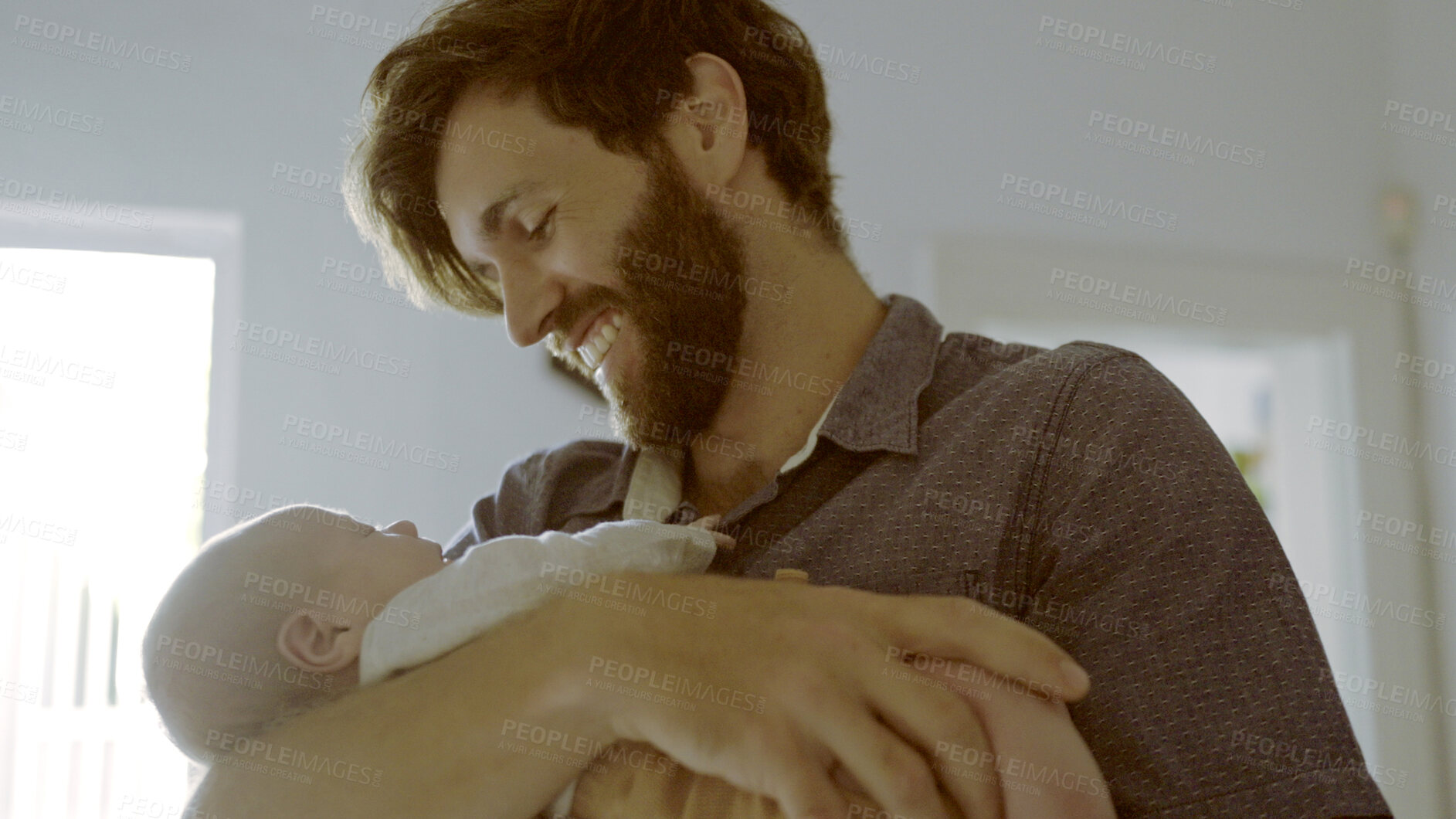 Buy stock photo Smile, hug or father with baby in home for love, care or bond together to nurture child development. Happy, newborn or single parent dad with infant for support, trust or comfort in family house 
