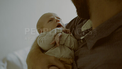 Buy stock photo Newborn, hug or father with baby in home for care or bond together to nurture child development. Face, safety or single parent dad with infant for support, trust or comfort in family house to relax