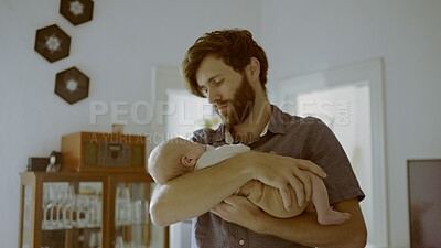 Buy stock photo Care, hug or dad with baby in home for love, rest or bond together to nurture child development. Relax, newborn or proud single parent dad with infant for support, trust or comfort in family house