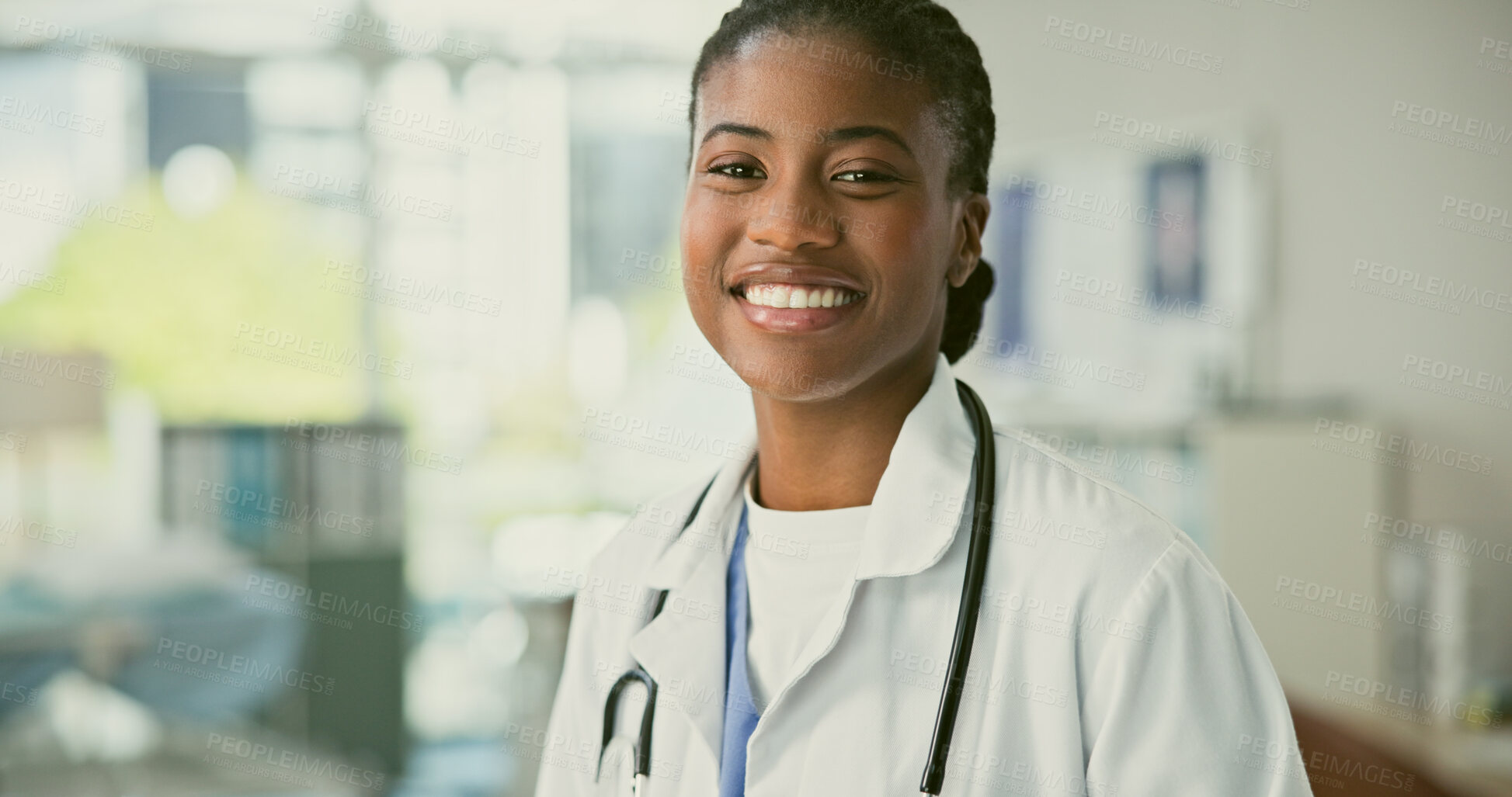 Buy stock photo Hospital doctor, happiness and portrait black woman, GP or medical specialist smile, pride and confident in healthcare experience. Work commitment, nurse face and clinic physician for support service