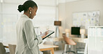 Business, office and black woman with a tablet, typing or solution with connection, network or internet. African person, worker or consultant with tech, thinking or problem solving with data analysis