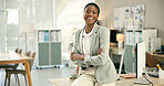 Portrait, business and black woman with arms crossed, smile and confidence with happiness, consultant and worker. Computer, African person and employee in a workplace, entrepreneur and pc with joy