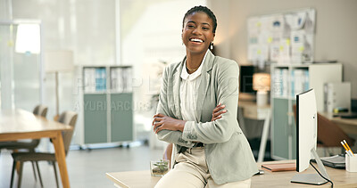 Buy stock photo Portrait, business and black woman with arms crossed, smile and confidence with happiness, consultant and worker. Computer, African person and employee in a workplace, entrepreneur and pc with joy