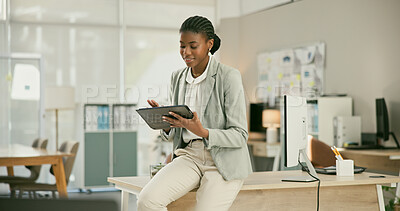 Buy stock photo Reading, office or black woman with tablet networking online for research or report in digital agency. Scroll, tech startup or African social media manager with smile planning schedule on calendar