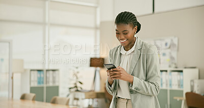 Buy stock photo Business woman, smile and typing on phone, communication and networking in office on technology. Happy black person, smartphone and connection or online research at work, mobile app and website