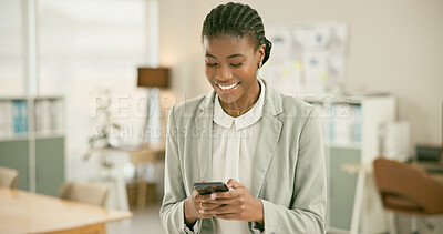 Buy stock photo Business woman, smile and communication on phone, website and networking in office on technology. Happy black person, smartphone and connection or online research, mobile app and typing an email