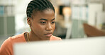 Research, business or black woman with computer web design, email or post online in office. Digital agency, tech startup or African social media manager typing or planning with PC software data