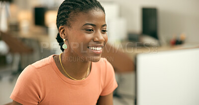 Buy stock photo Happy, business and black woman with computer in office for website, email or post online. Digital agency, tech startup or African female employee with PC software typing or planning for research