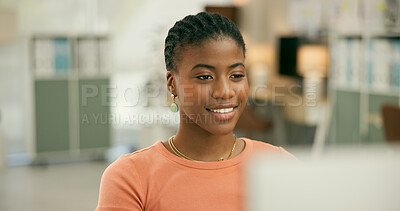 Buy stock photo Smile, business or black woman with computer in office for news, email or post online. Digital agency, tech startup or happy African employee with PC software typing or planning for research