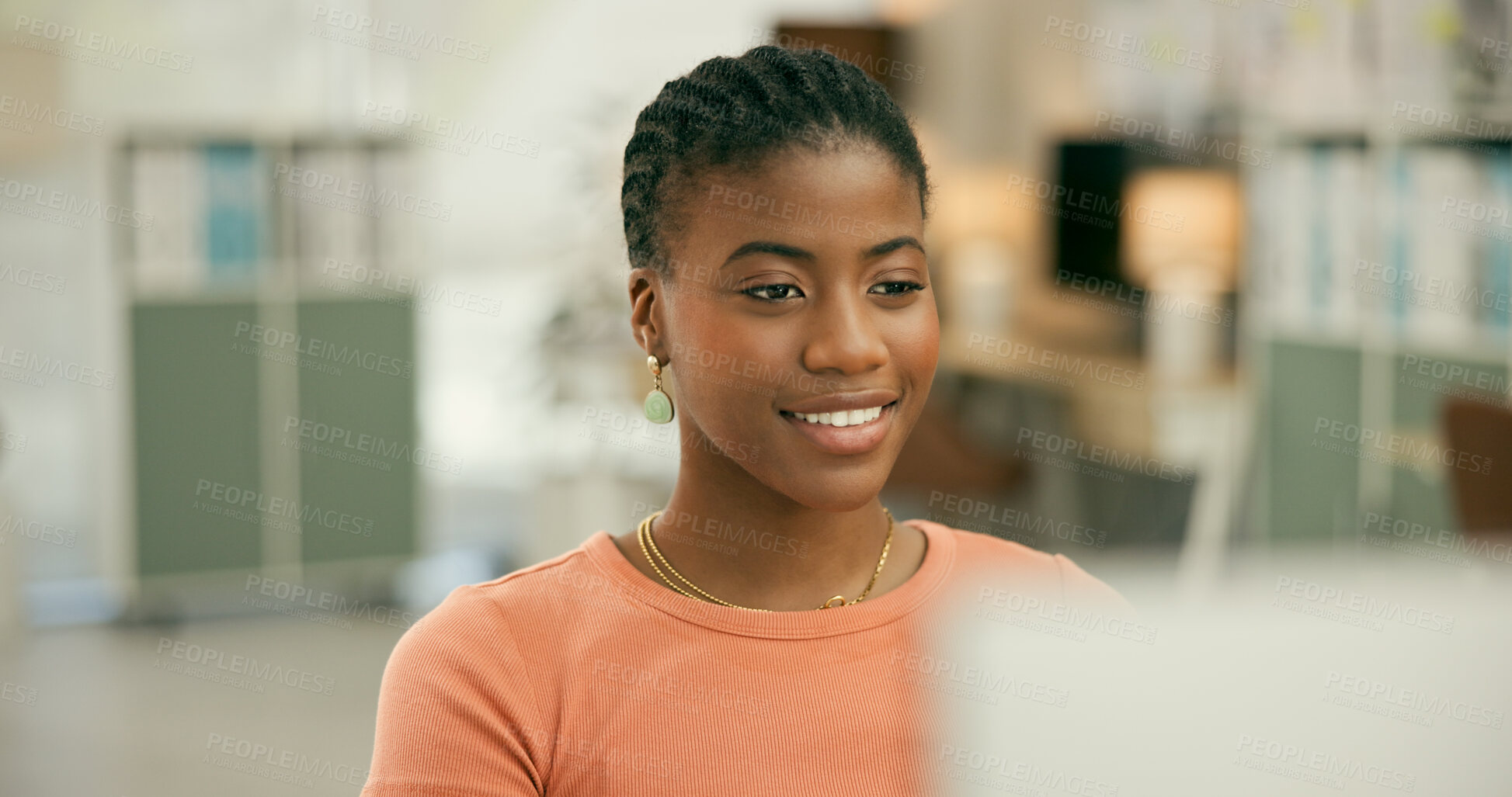 Buy stock photo Smile, business or black woman with computer in office for news, email or post online. Digital agency, tech startup or happy African employee with PC software typing or planning for research