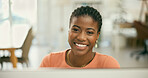 Research, portrait or happy black woman with computer for web design, email or post online. Digital agency, tech startup or face of African employee with a smile or PC software typing or planning