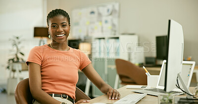 Buy stock photo Woman, portrait and computer smile in office or online website information, project planning in advertising agency. 
Black person, face at pc as internet work at desk, creative research or connect