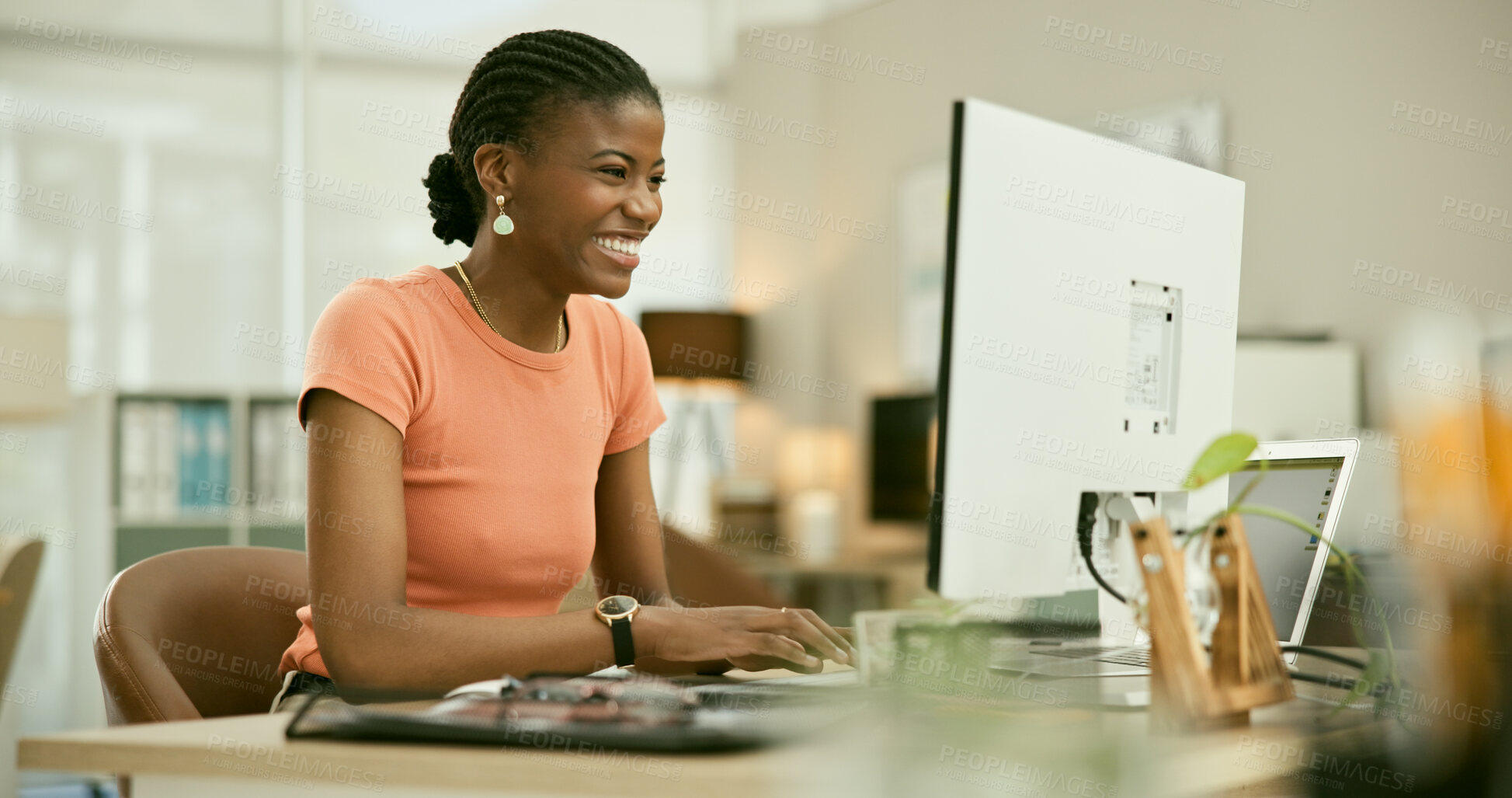 Buy stock photo Woman, computer and typing smile in office for website information, communication in advertising agency. Black person, pc and reading for project planning as research tech, email or digital connect