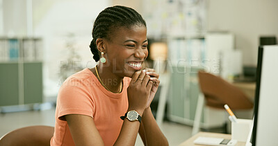Buy stock photo Computer, office and excited black woman reading online feedback, success news or customer experience review. Data, winner and professional agent smile for project achievement, report or announcement
