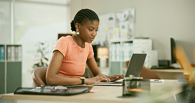 Buy stock photo Freelancer, laptop and working for office job, employee and busy for copywriter career. Businesswoman, confident and person for occupation, workplace and planning for social media marketing strategy
