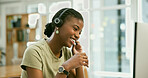 Call center, remote work and black woman in home office consulting for contact us, crm or faq. Freelance, telemarketing and happy  lead generation consultant with loan, advice and customer support