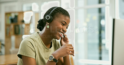 Buy stock photo Call center, consulting and happy black woman in office for contact us, crm or faq. Telemarketing, help and face of friendly female lead generation consultant with loan, advice and customer support