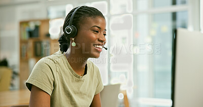 Buy stock photo Woman, call center and work from home communication, customer support or e commerce service on computer. African agent or consultant talking, giving online advice or virtual information on website